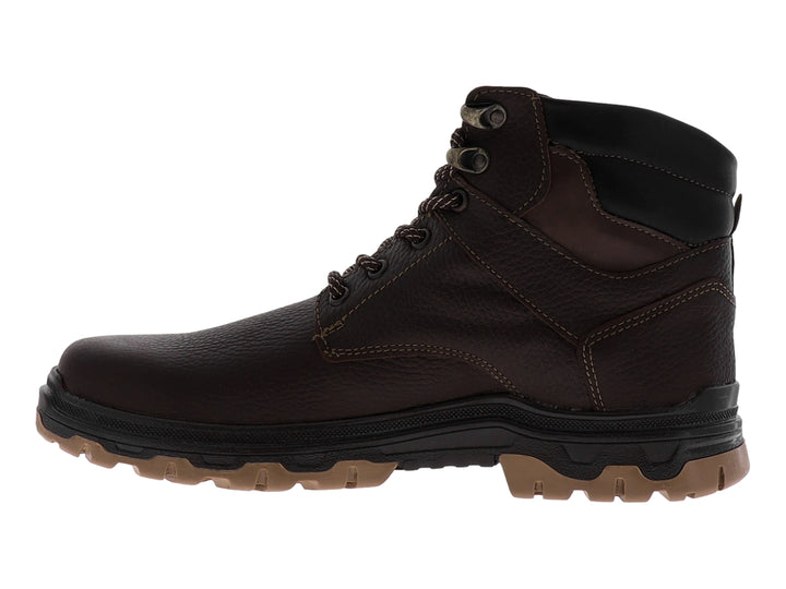 Bota de cuero color chocolate con suela negra y beige.
