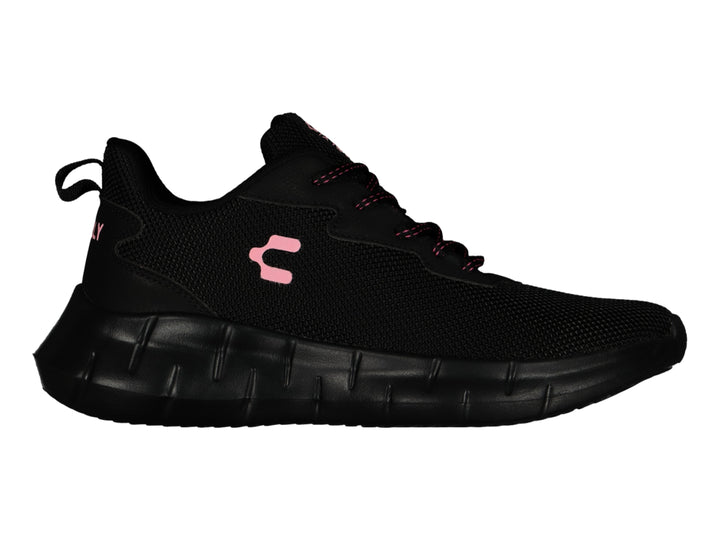 Tenis deportivos Charly color negro con detalles en rosa y suela robusta.
