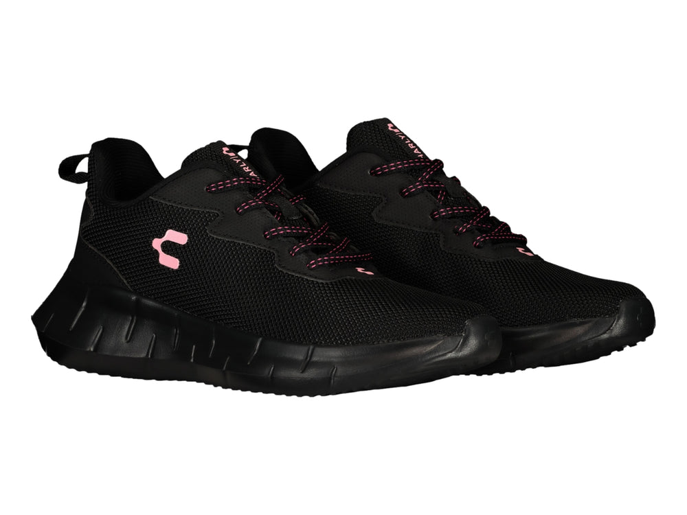 Tenis deportivos Charly color negro con detalles en rosa y suela robusta.