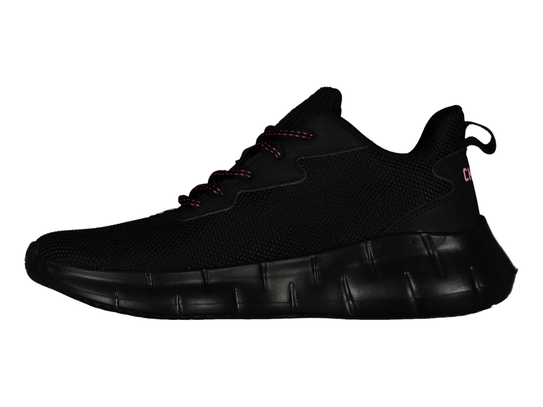 Tenis deportivos Charly color negro con detalles en rosa y suela robusta.