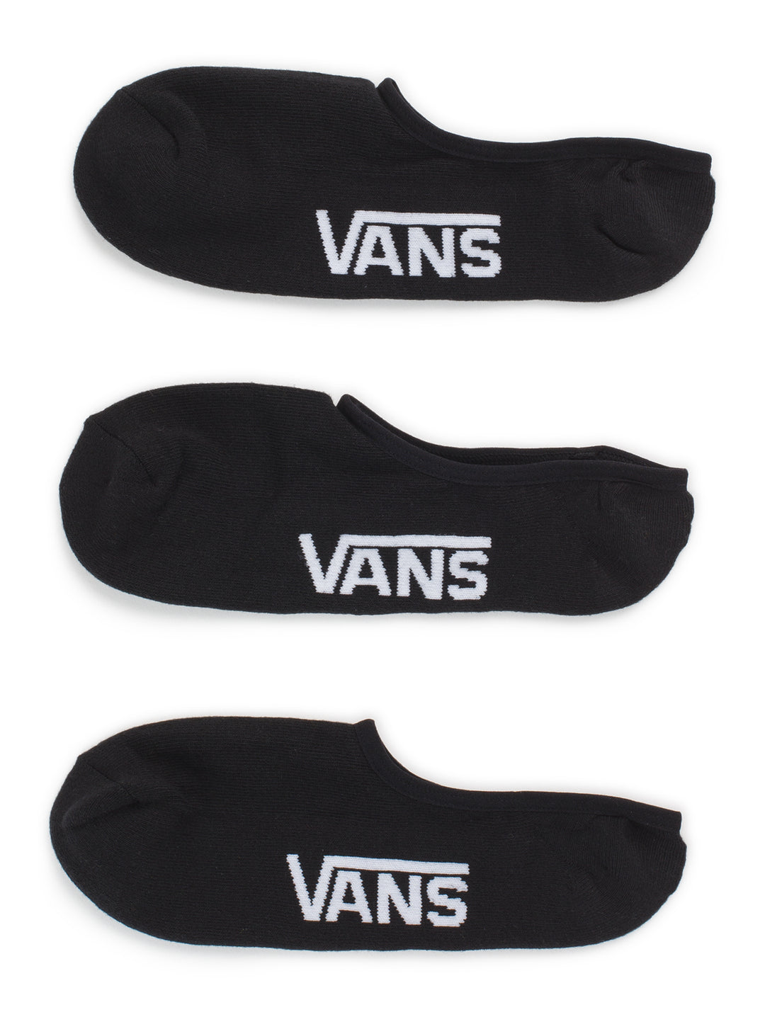Paquete de tres pares de calcetines cortos color negro con el logotipo de Vans en blanco.