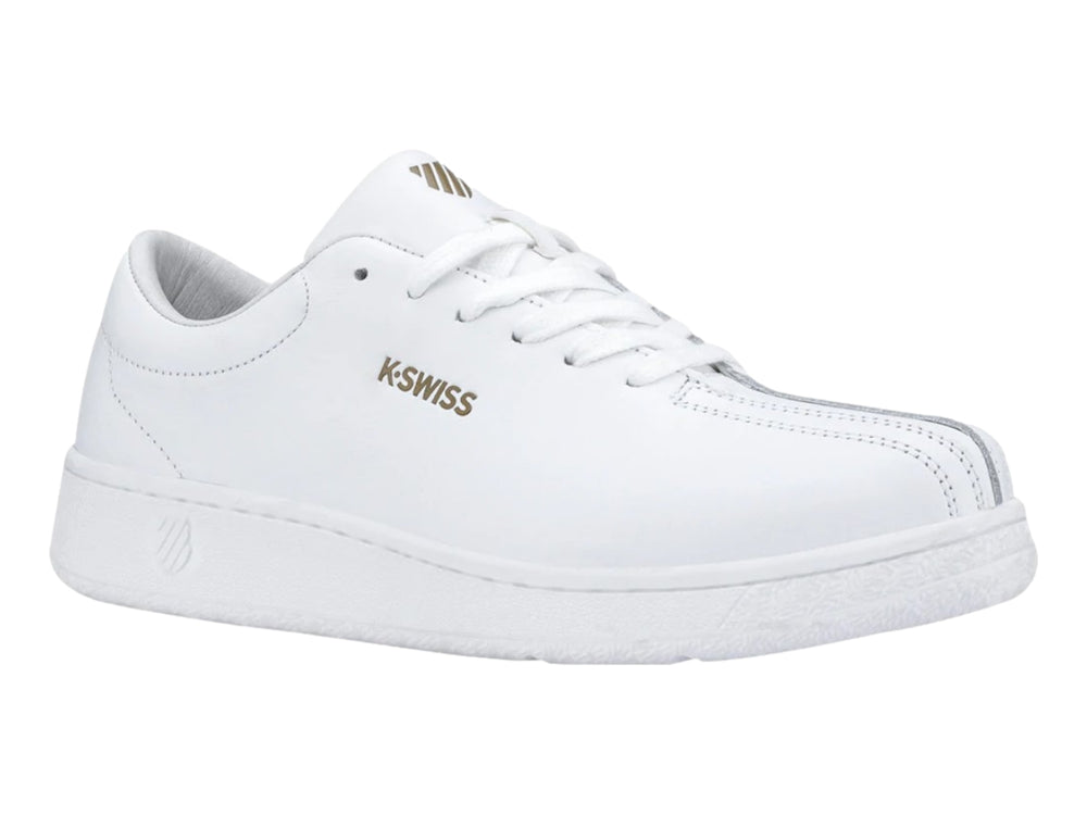 Tenis K-Swiss Classic Startup en color blanco con logotipo dorado lateral y suela blanca.