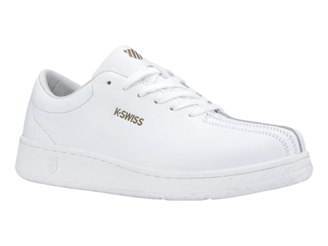 Tenis K-Swiss Classic Startup en color blanco con logotipo dorado lateral y suela blanca.