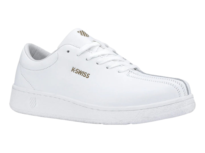 Tenis K-Swiss Classic Startup en color blanco con logotipo dorado lateral y suela blanca.
