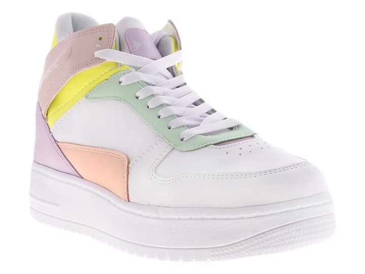 Tenis blancos de la marca THENTIC con detalles en colores amarillo, rosa y verde menta, diseño casual y moderno.