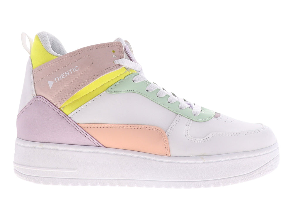 Tenis blancos de la marca THENTIC con detalles en colores amarillo, rosa y verde menta, diseño casual y moderno.