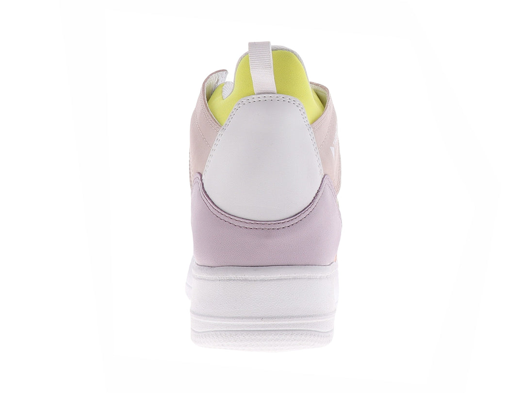 Tenis blancos de la marca THENTIC con detalles en colores amarillo, rosa y verde menta, diseño casual y moderno.