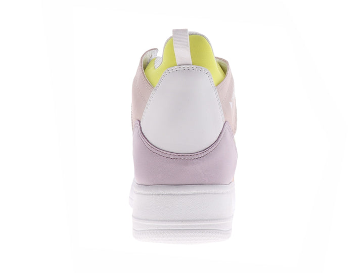 Tenis blancos de la marca THENTIC con detalles en colores amarillo, rosa y verde menta, diseño casual y moderno.