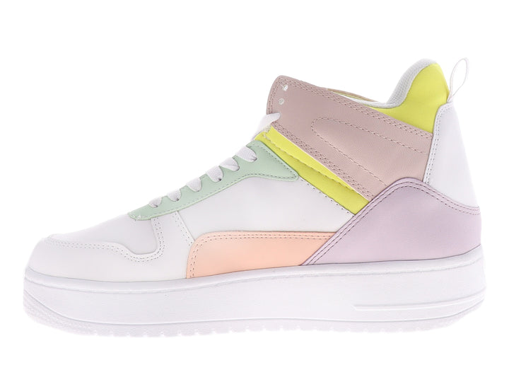 Tenis blancos de la marca THENTIC con detalles en colores amarillo, rosa y verde menta, diseño casual y moderno.