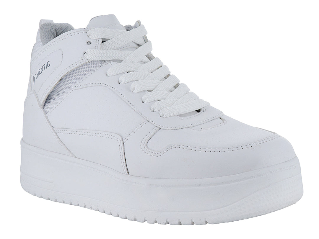 Tenis blancos de bota media marca THENTIC con suela de plataforma y acabado sintético liso.