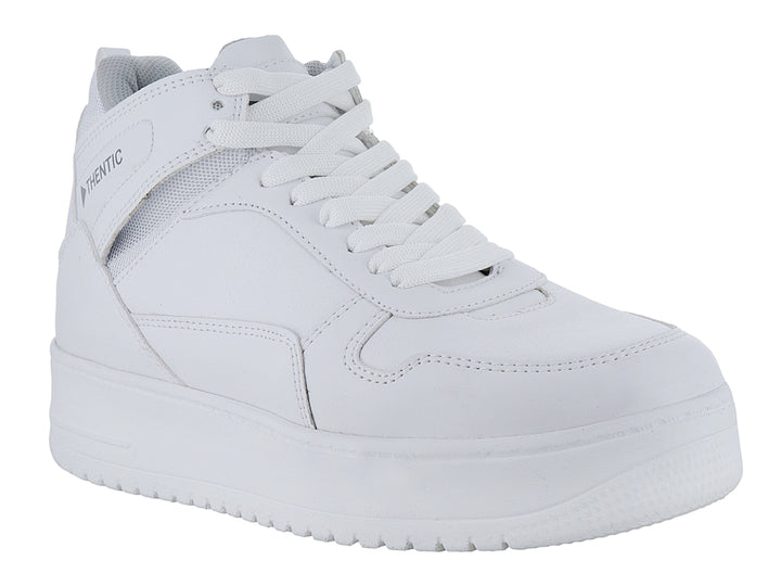 Tenis blancos de bota media marca THENTIC con suela de plataforma y acabado sintético liso.