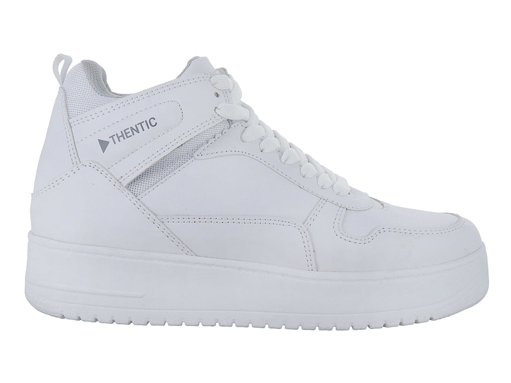 Tenis blancos de bota media marca THENTIC con suela de plataforma y acabado sintético liso.
