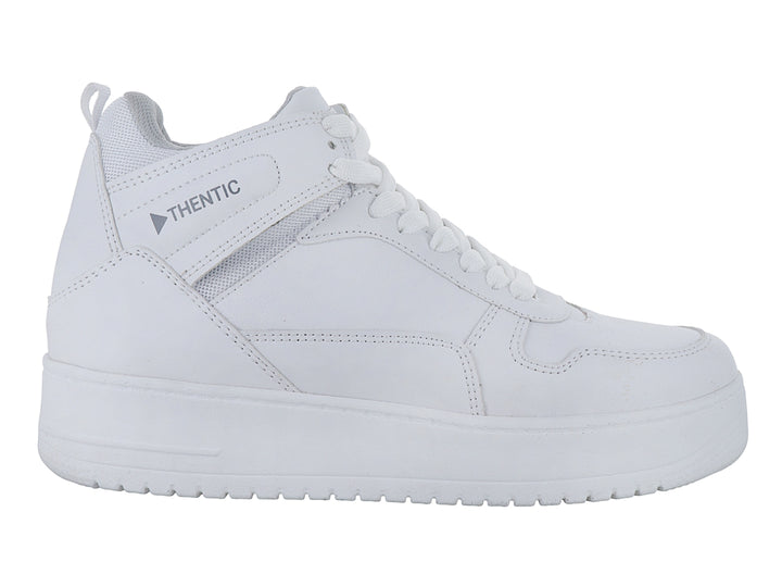 Tenis blancos de bota media marca THENTIC con suela de plataforma y acabado sintético liso.