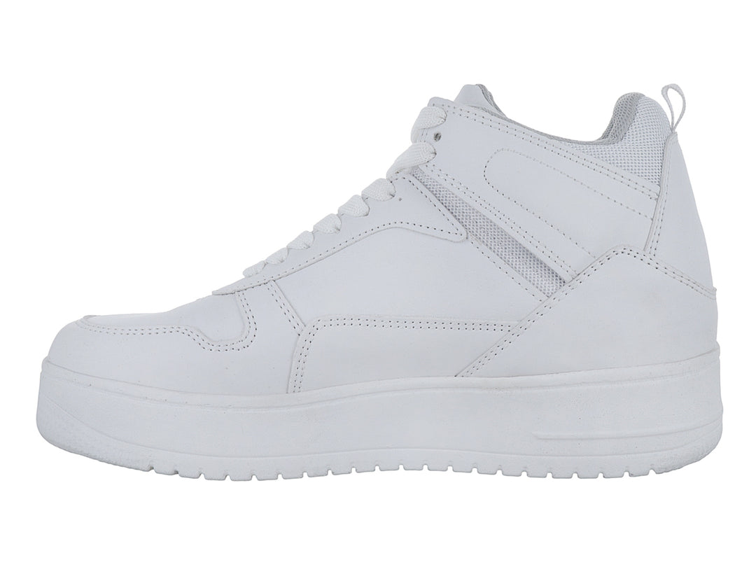Tenis blancos de bota media marca THENTIC con suela de plataforma y acabado sintético liso.