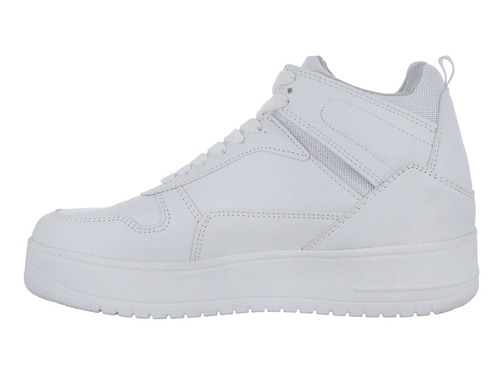 Tenis blancos de bota media marca THENTIC con suela de plataforma y acabado sintético liso.