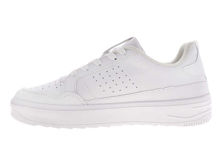 Tenis casuales color blanco de la marca THENTIC con detalles perforados y suela blanca.