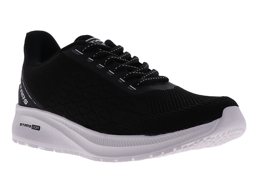 Tenis deportivos marca STARS en color negro con suela blanca y tejido transpirable.