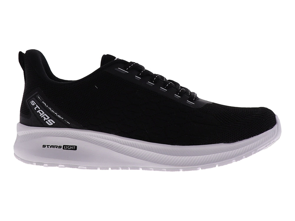Tenis deportivos marca STARS en color negro con suela blanca y tejido transpirable.