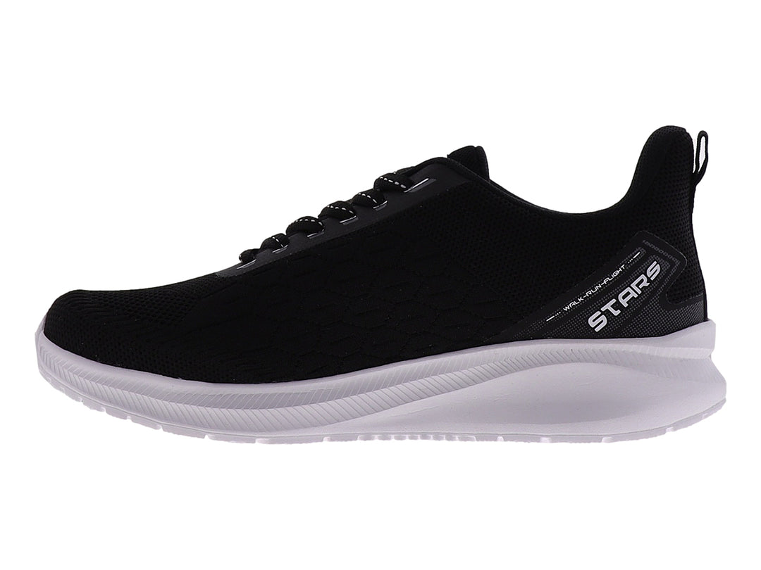 Tenis deportivos marca STARS en color negro con suela blanca y tejido transpirable.