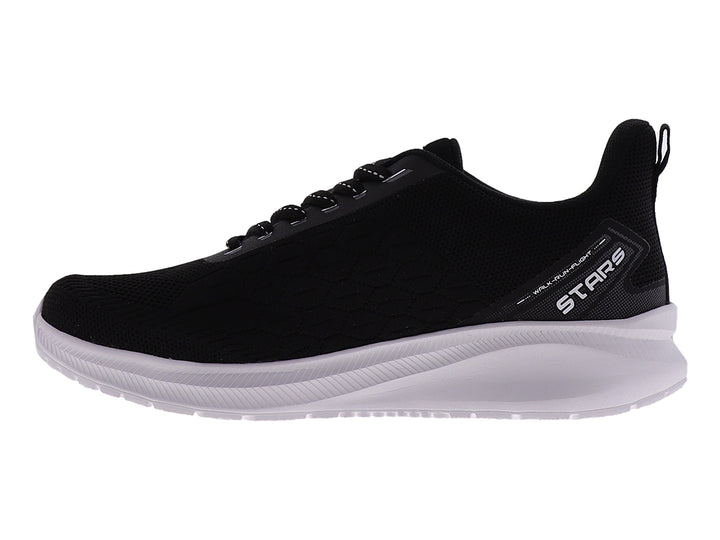 Tenis deportivos marca STARS en color negro con suela blanca y tejido transpirable.