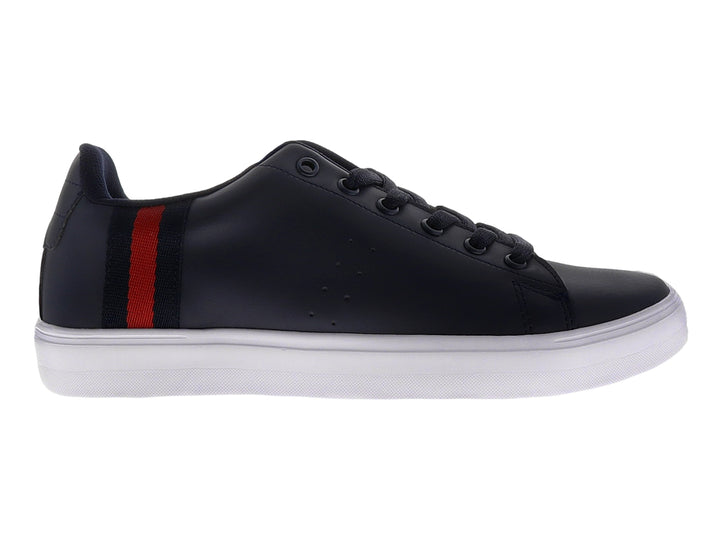Tenis casuales color marino con suela blanca y detalle de franja roja lateral.