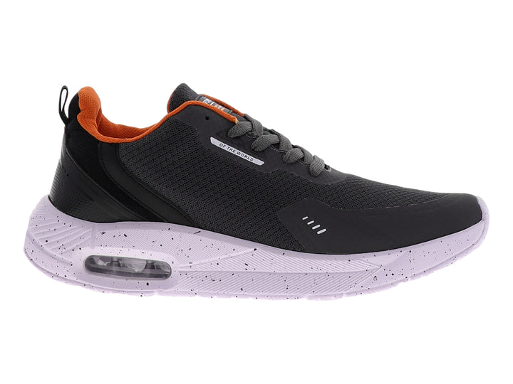Tenis de baloncesto STARS color gris oxford con detalles en naranja y suela blanca moteada con cámara de aire.