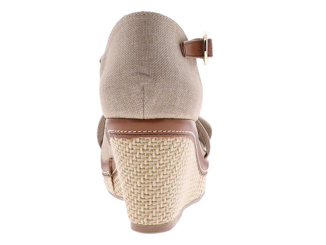 Sandalia de plataforma color crudo con detalles en marrón y tacón cuña tejido para mujer.