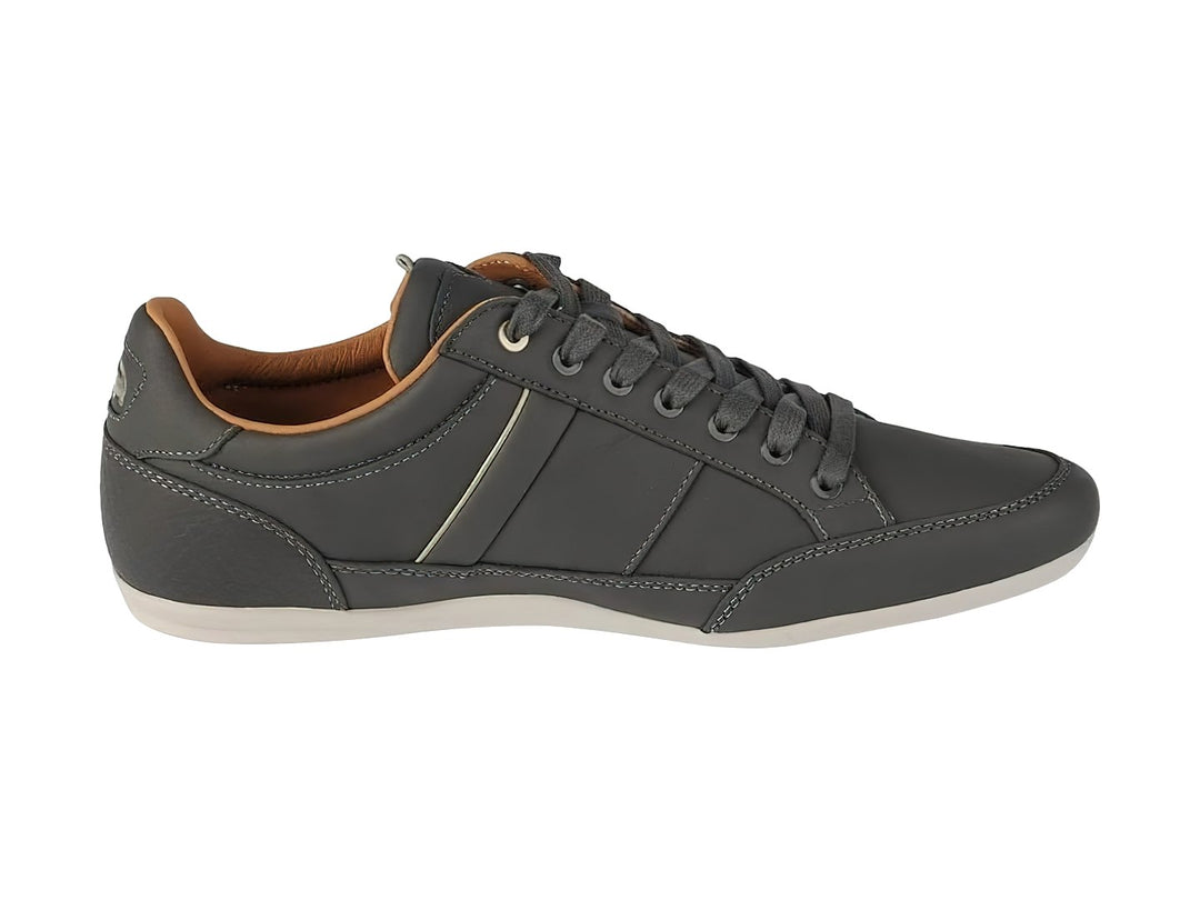 Tenis Lacoste color gris oscuro con suela blanca y forro interior café.