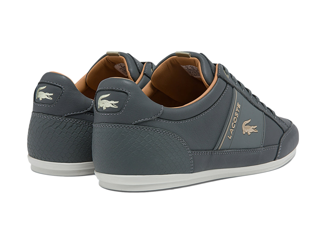 Tenis Lacoste color gris oscuro con suela blanca y forro interior café.