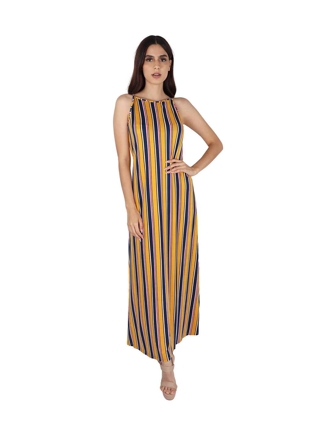 Vestido largo sin mangas para mujer con estampado de rayas verticales en colores mostaza, azul y blanco.