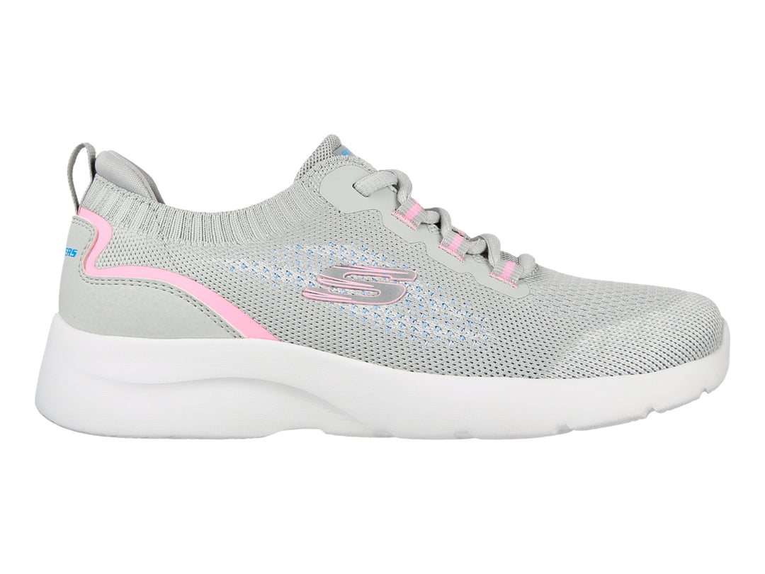 Tenis deportivos Skechers para mujer en color gris con detalles en rosa y suela blanca.