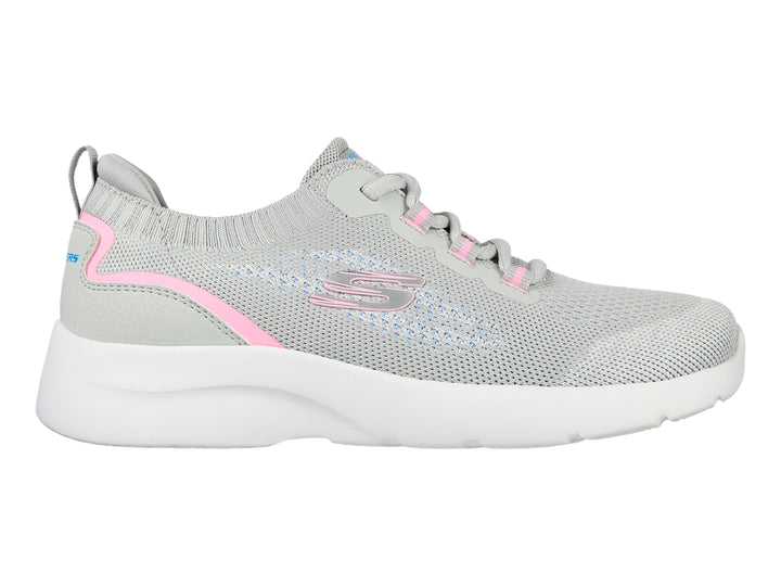 Tenis deportivos Skechers para mujer en color gris con detalles en rosa y suela blanca.
