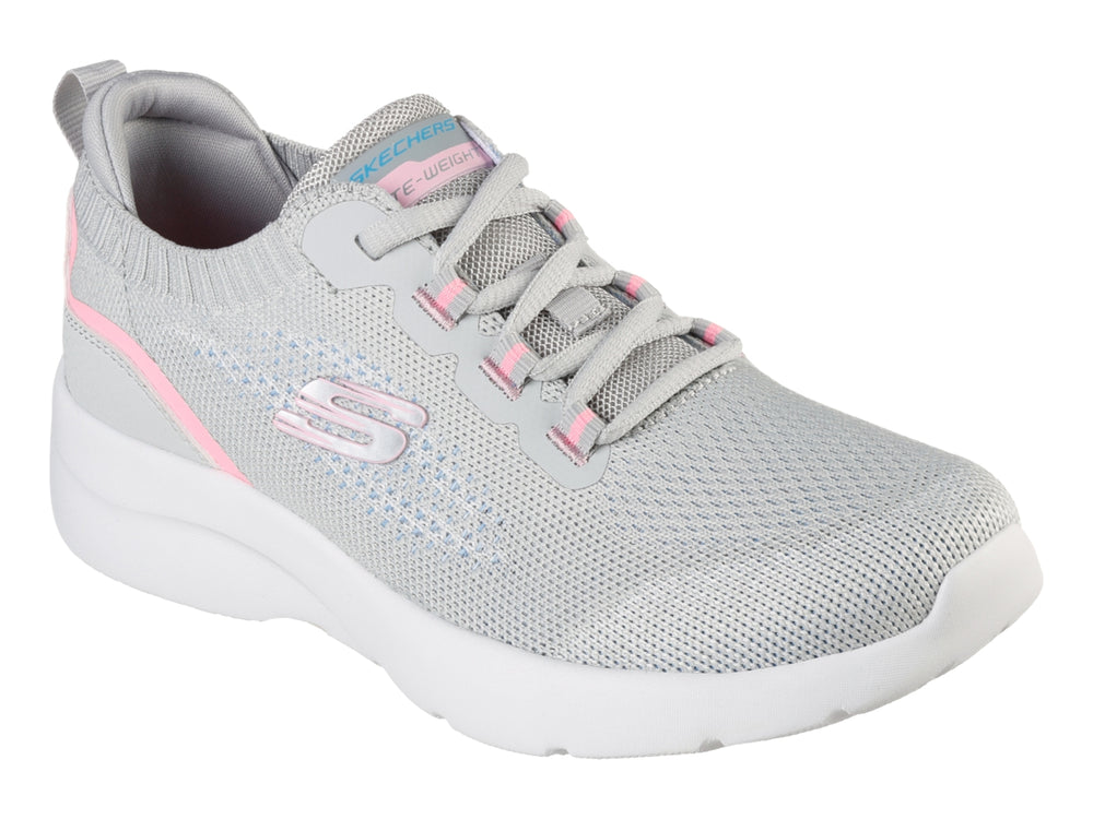 Tenis deportivos Skechers para mujer en color gris con detalles en rosa y suela blanca.