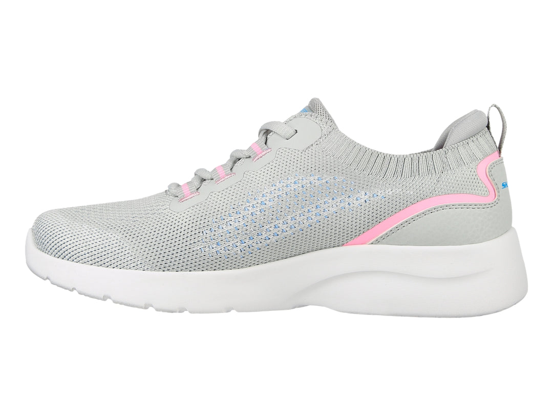 Tenis deportivos Skechers para mujer en color gris con detalles en rosa y suela blanca.