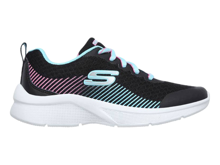 Tenis deportivos Skechers para niña en color negro con detalles en aqua y rosa y suela blanca.