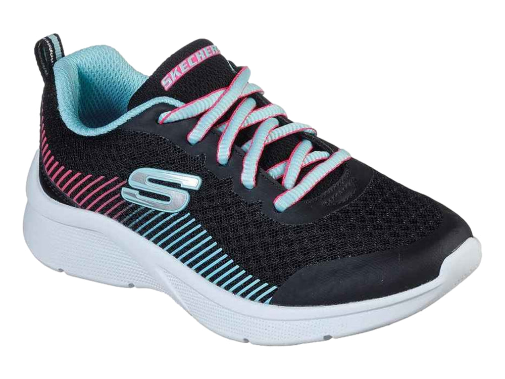 Tenis deportivos Skechers para niña en color negro con detalles en aqua y rosa y suela blanca.