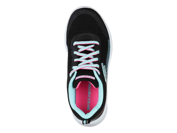 Tenis deportivos Skechers para niña en color negro con detalles en aqua y rosa y suela blanca.