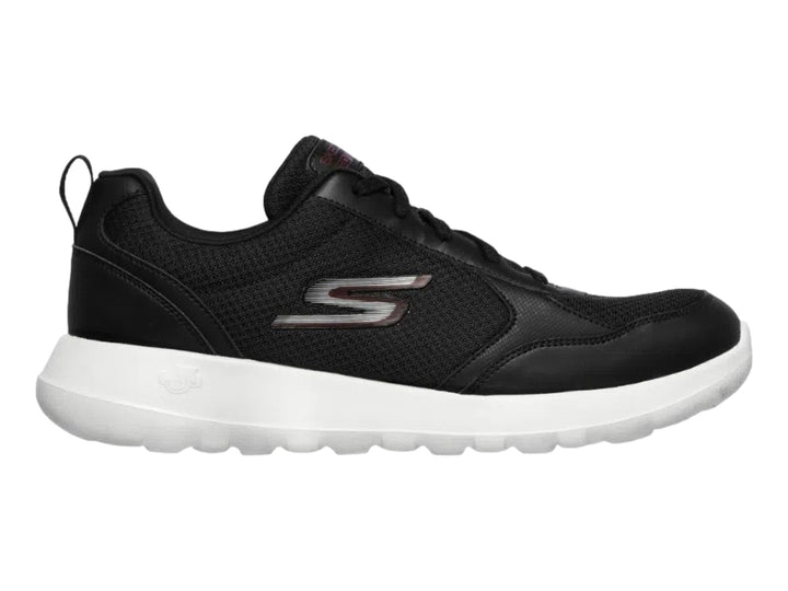 Tenis deportivos Skechers para hombre en color negro con suela blanca y detalles sintéticos.