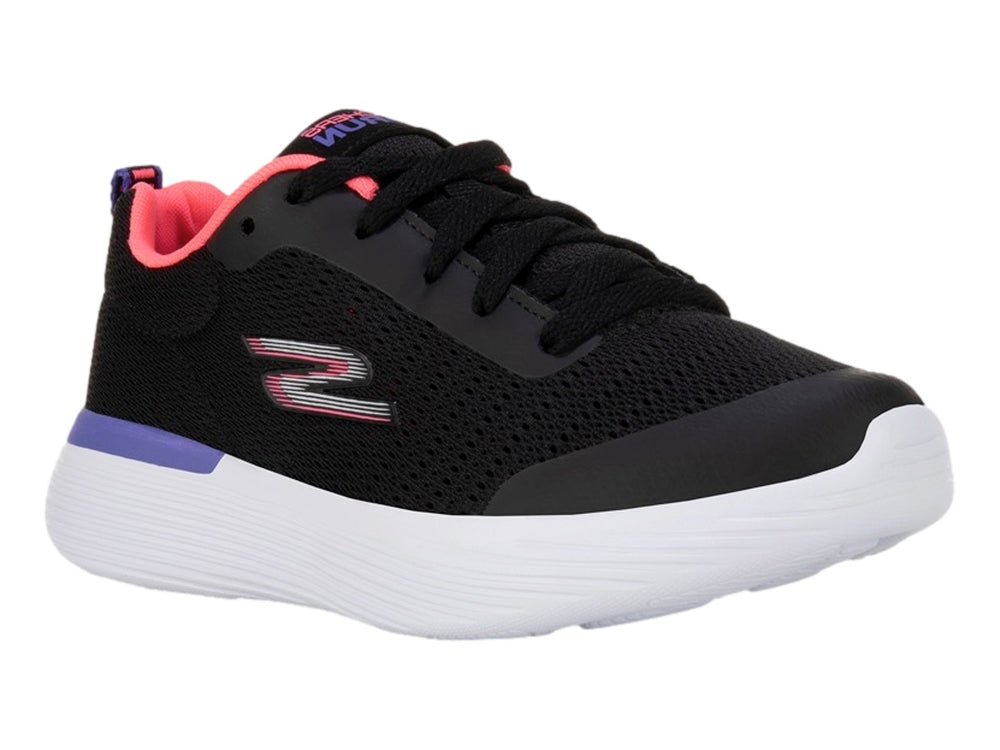 Tenis deportivos Skechers para niña en color negro con suela blanca y detalles en morado y rosa.