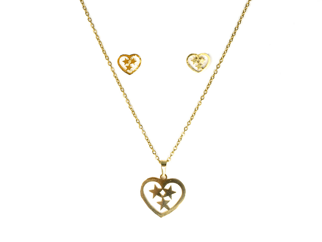Set de collar y aretes dorados con diseño de corazón y estrellas.