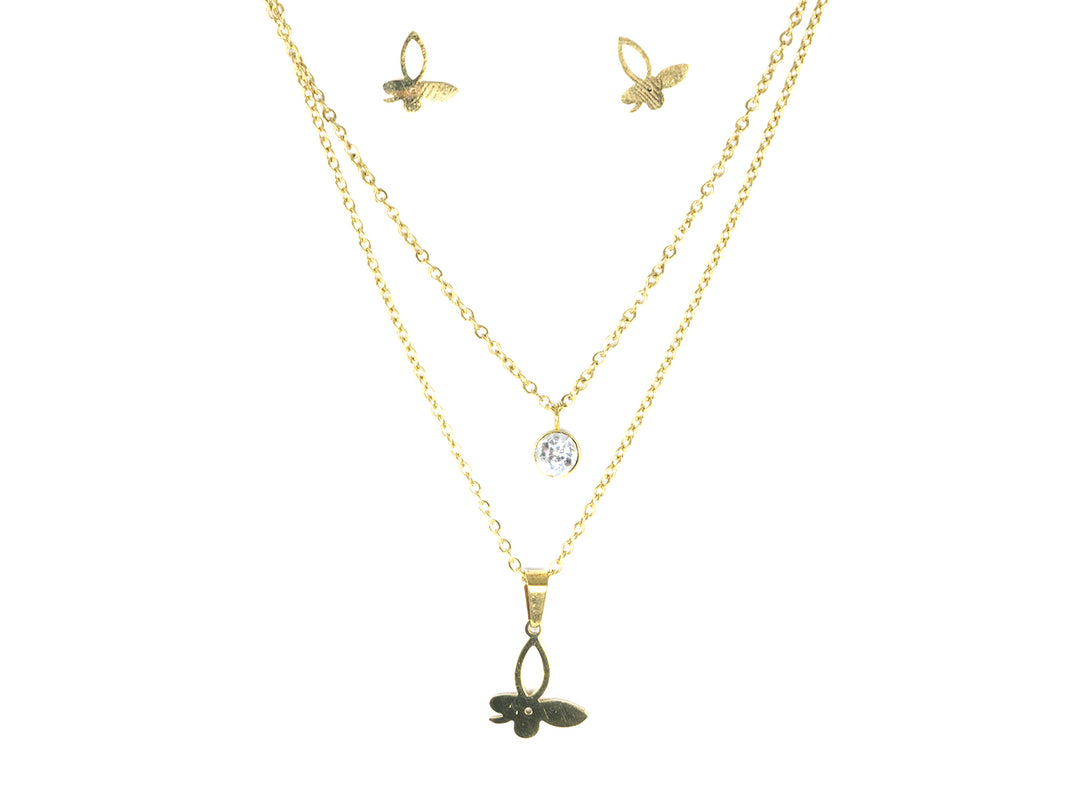 Set de collar dorado de dos capas con dije de mariposa y cristal, acompañado de aretes a juego.