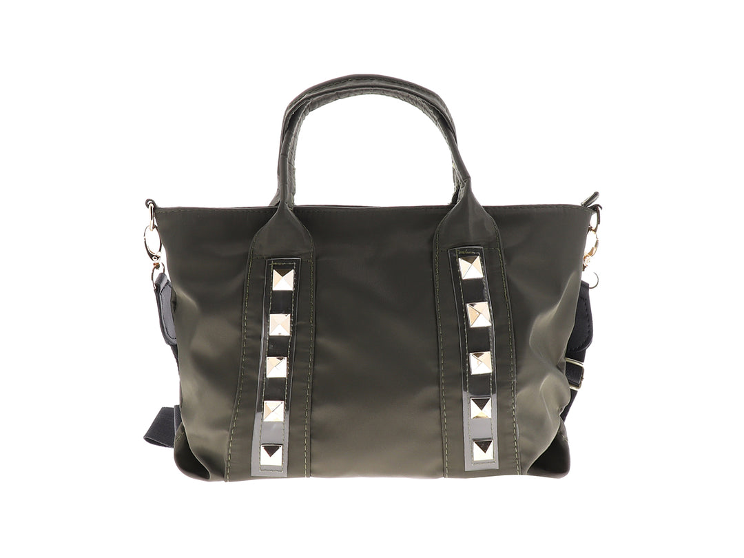 Bolso de mano color musgo con detalles de tachuelas plateadas y asas superiores.