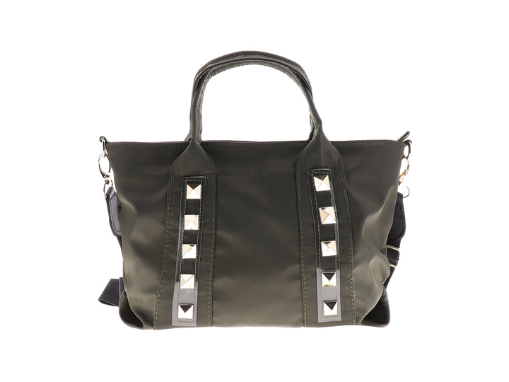 Bolso de mano color musgo con detalles de tachuelas plateadas y asas superiores.