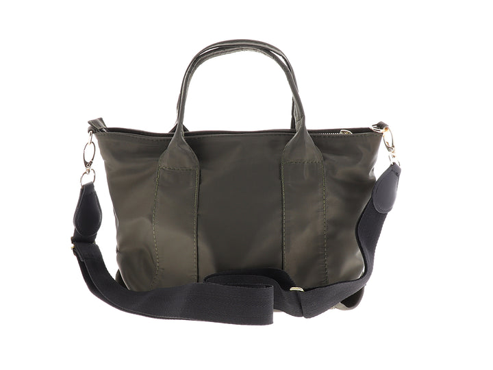 Bolso de mano color musgo con detalles de tachuelas plateadas y asas superiores.