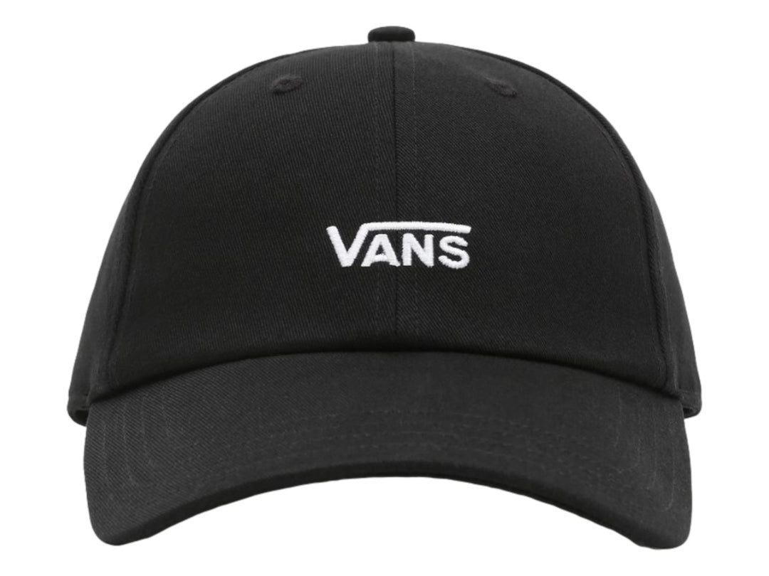 Gorra negra de la marca Vans con logotipo blanco frontal y visera curva.