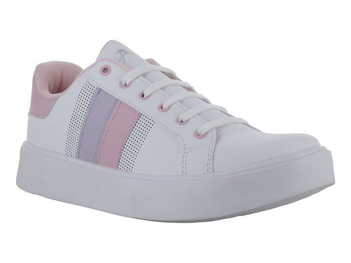 Tenis blancos con franjas en rosa y morado, suela blanca y cordones.