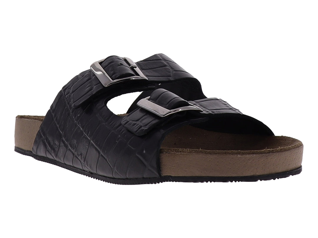 Sandalias negras con textura de cocodrilo, hebillas plateadas y suela color marrón.