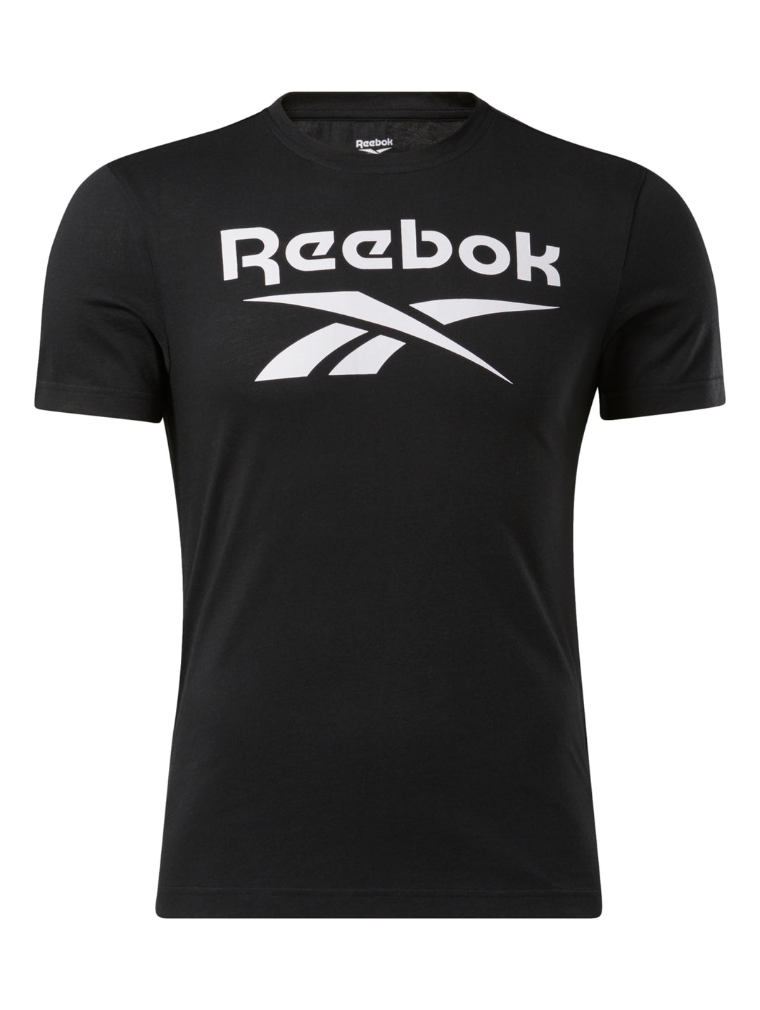 Hombre usando playera negra de manga corta con logotipo blanco de Reebok en el pecho.