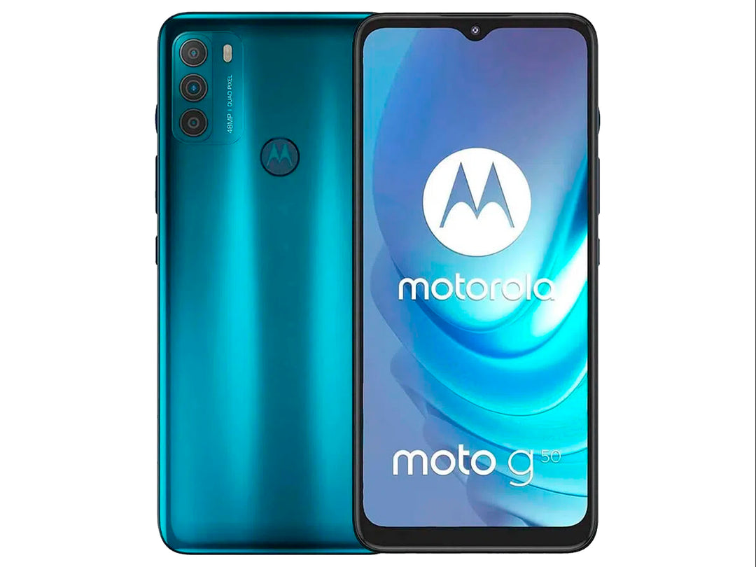 Teléfono inteligente Motorola Moto G50 color azul, vista frontal y posterior.