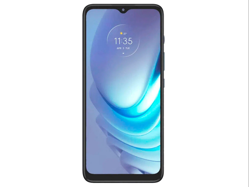 Teléfono inteligente Motorola Moto G50 color azul, vista frontal y posterior.